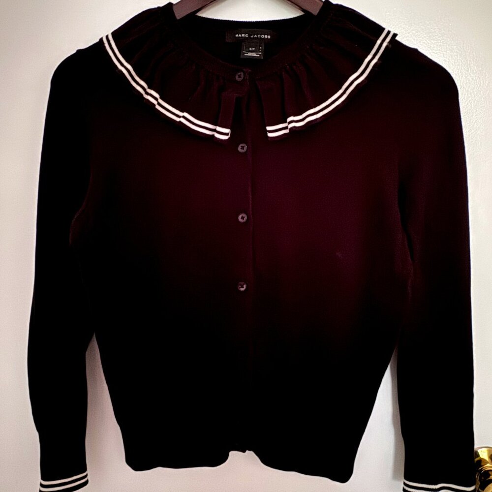 Marc Jacobs Button-Down Cardigan with Ruffled Collar, Black, Small